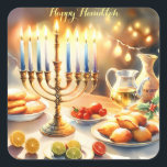 Happy Hanukkah Vierkante Sticker<br><div class="desc">Hanukkah waterverf illustratie. Een prachtig ingerichte tafel voor een feestelijke viering,  met een traditionele menora met aangestoken kaarsen. Zacht,  warm licht,  terwijl vakantiedecoraties een vleugje vrolijkheid toevoegen. Warme lichten creëren een gezellige,  uitnodigende sfeer.</div>