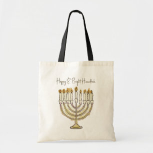 Happy Hanukkah Waterverf Bright Menorah Tote Bag