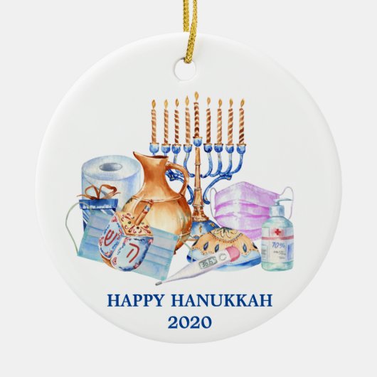 Happy Hanukkah Waterverf Covid 2020 Face Mask Keramisch Ornament (Voorkant)