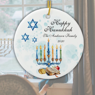 Happy Hanukkah Waterverf Familiefoto Keramisch Ornament