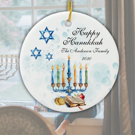 Happy Hanukkah Waterverf Familiefoto Keramisch Ornament