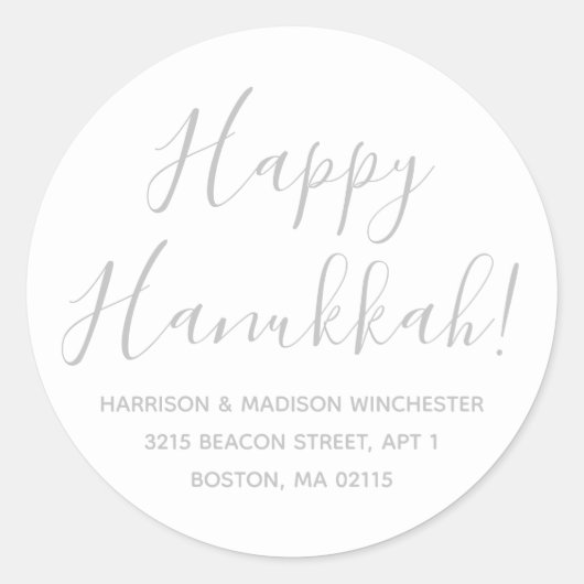 Happy Hanukkah white grijs script return address Ronde Sticker (Voorkant)