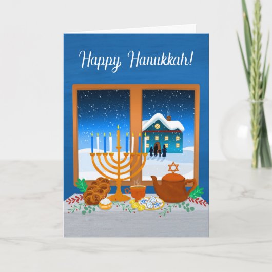 Happy Hanukkah Window Scene Cozy Winter Kaart (Voorkant)