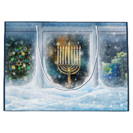 Happy Hanukkah. Winter Scene met Menorah Groot Cadeauzakje