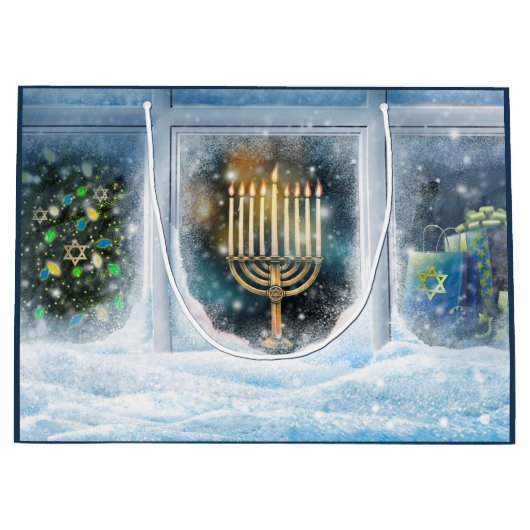 Happy Hanukkah. Winter Scene met Menorah Groot Cadeauzakje (Voorkant)