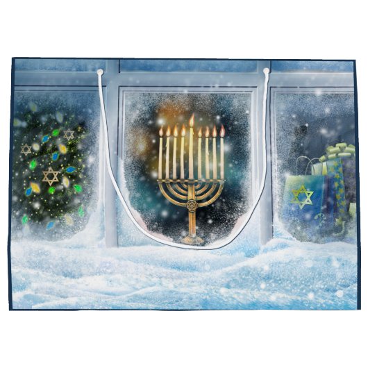 Happy Hanukkah. Winter Scene met Menorah Groot Cadeauzakje (Achterkant)