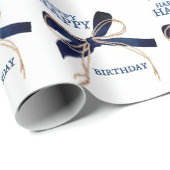 Happy Happy Birthday Kraft Blue Bows Wrapping Pape Cadeaupapier (Rol Hoek)