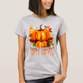 "Happy Harvest" Waterverf Pompoen & Herfst Bladere T-shirt (Voorkant)