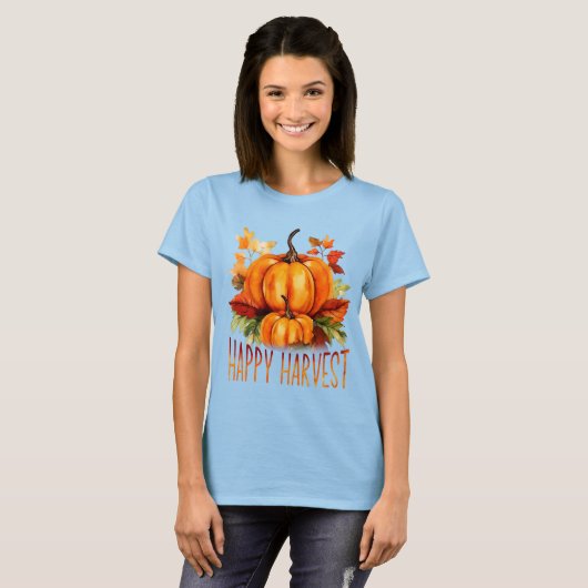 "Happy Harvest" Waterverf Pompoen & Herfst Bladere T-shirt (Voorkant volledig)