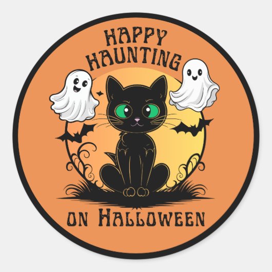 Happy Haunting Black Cat Halloween Sticker (Voorkant)