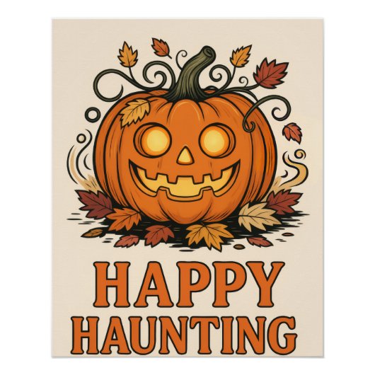 Happy Haunting – Halloween Pumpkin Poster 📝 Opis (Voorkant)