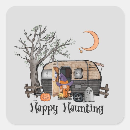 Happy Haunting – Spooky Witch en Camper Van Vierkante Sticker (Voorkant)