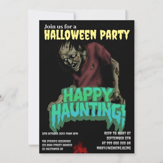 Happy Haunting Zombie Halloween Party Uitnodiging (Voorkant)