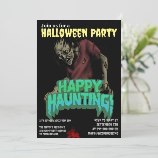 Happy Haunting Zombie Halloween Party Uitnodiging (Staand voorkant)