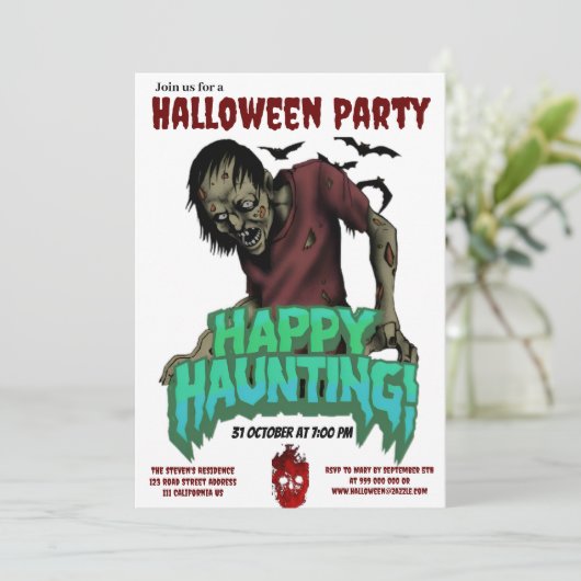 Happy Haunting Zombie Halloween Party Uitnodiging (Staand voorkant)