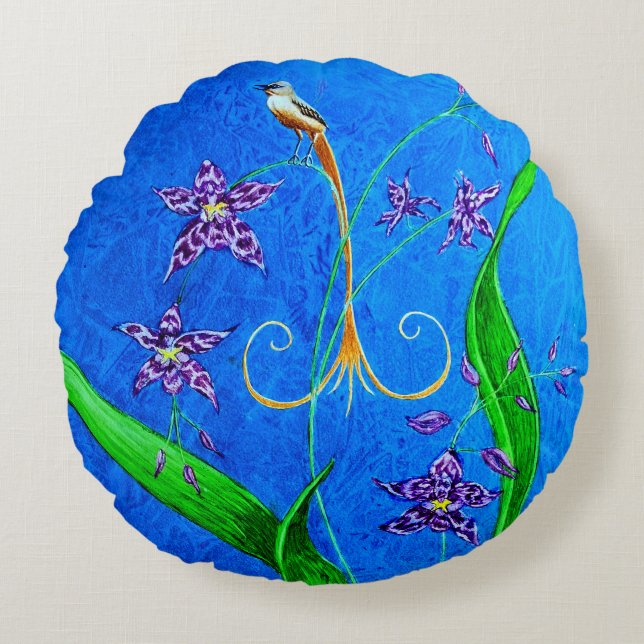 Happy Hawaiian Orchid Bird Rond Kussen (Voorkant)