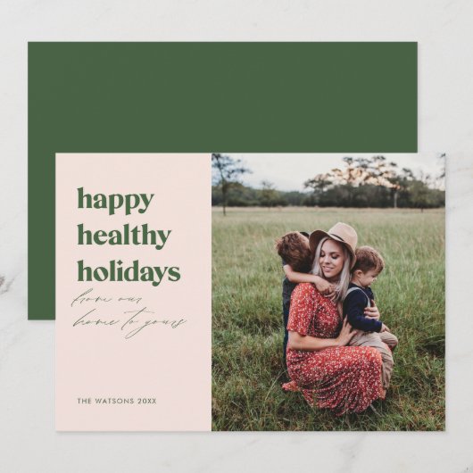 Happy Healthy Feestdagen Foto Blush en Green Feestdagenkaart (Voorkant / Achterkant)