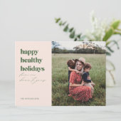 Happy Healthy Feestdagen Foto Blush en Green Feestdagenkaart (Staand voorkant)