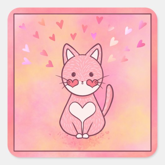 Happy Heart Cat Vierkante Sticker (Voorkant)