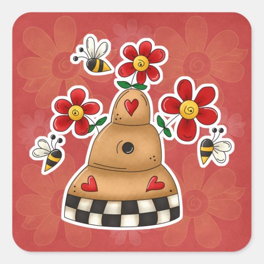 Happy Hearts N Flowers Bee Hive Vierkante Sticker (Voorkant)