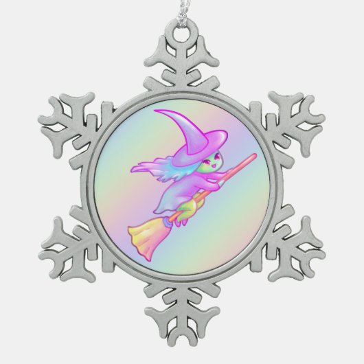 Happy hech vliegt op broomstoktekening tin sneeuwvlok ornament (Voorkant)