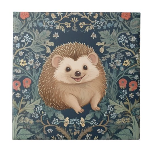 Happy Hedgehog William Morris stijl Right Floral Tegeltje (Voorkant)