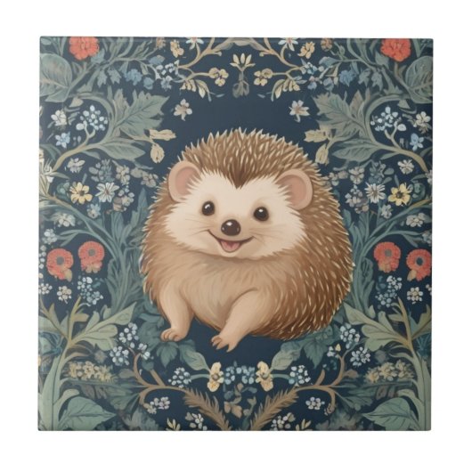 Happy Hedgehog William Morris style Floral Tegeltje (Voorkant)
