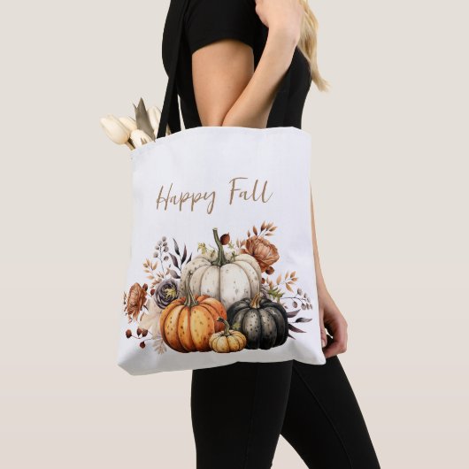 Happy Herfst Bloemen en Pompoenen Waterverf Herfst Tote Bag (Dichtbij)