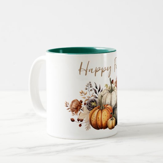 Happy Herfst Bloemen en Pompoenen Waterverf Herfst Tweekleurige Koffiemok (Voorkant links)