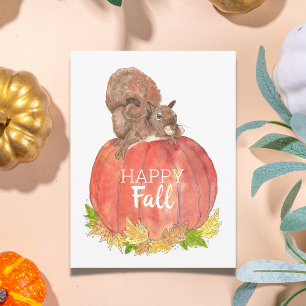 Happy Herfst-eekhoorn op pompoen Briefkaart