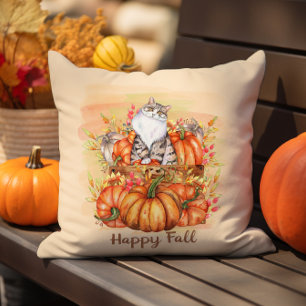 Happy Herfst grijs witte kat Rustic Oranje pomkins Kussen