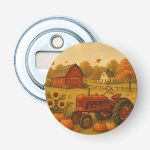 Happy herfst klassieke tractor en boerderij button flesopener