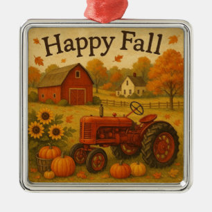 Happy herfst klassieke tractor en boerderij metalen ornament
