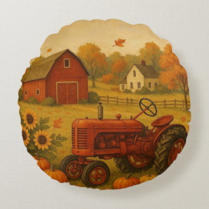 Happy herfst klassieke tractor en boerderij rond kussen