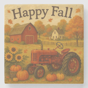 Happy herfst klassieke tractor en boerderij stenen onderzetter
