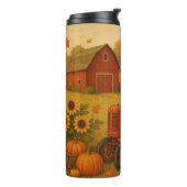 Happy herfst klassieke tractor en boerderij thermosbeker (Gedraaid links)