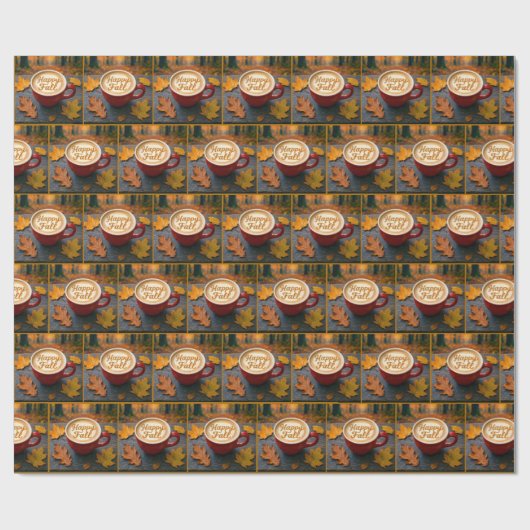 Happy Herfst latte in rode Mok met herfstbladeren Cadeaupapier (Vlak)