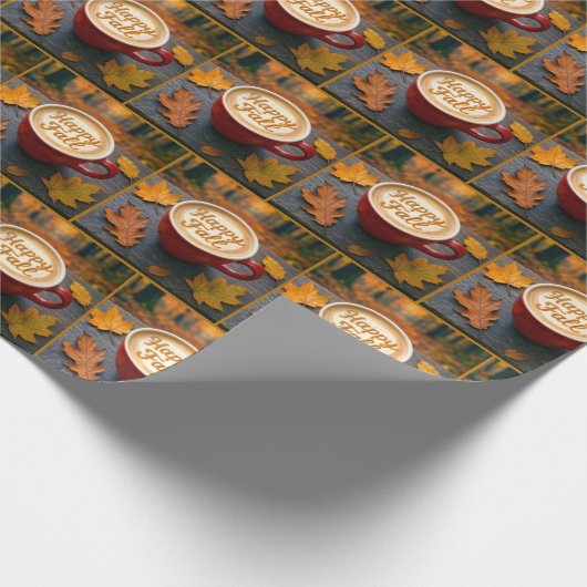Happy Herfst latte in rode Mok met herfstbladeren Cadeaupapier (Hoek)