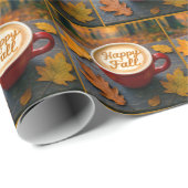 Happy Herfst latte in rode Mok met herfstbladeren Cadeaupapier (Rol Hoek)