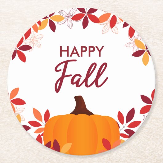 Happy Herfst Leuke Kleurrijke Bladeren Pompoen Lij Ronde Kartonnen Onderzetter (Voorkant)