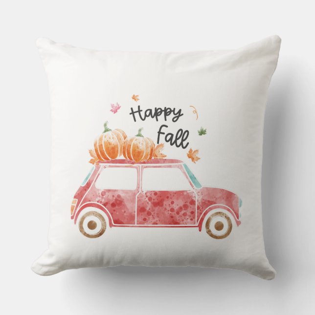 Happy Herfst – Roze auto met pompoenen Herfst Kussen (Voorkant)