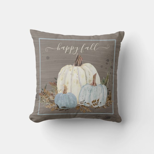 Happy Herfst Script Blue White Pumpkin Rustic Leav Kussen (Voorkant)