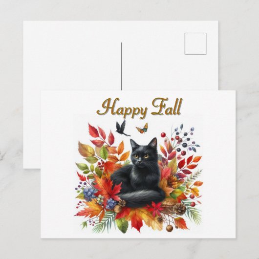 Happy Herfst Seizoen Zwarte Kat Briefkaart (Voorkant / Achterkant)