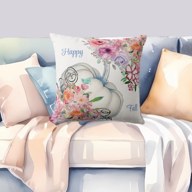 Happy Herfst White Pumpkin Waterverf Floral Blooms Kussen (Happy Fall White Pumpkin Watercolor Floral Blooms Throw Pillow)