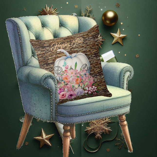 Happy Herfst Witte Pompoen Houten Waterverf Bloeme Kussen (Happy Fall White Pumpkin Wooden Watercolor Floral Throw Pillow)