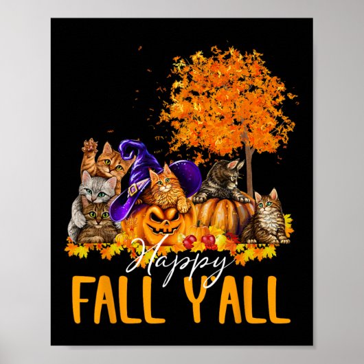 Happy Herfst Y'all Cats Lover Herfst Pompoen Maple Poster (Voorkant)