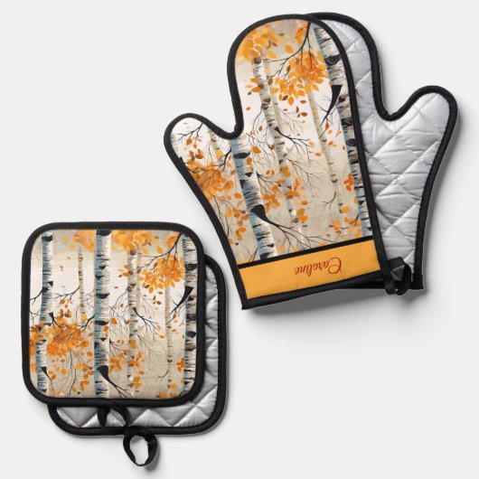 Happy Herfst Y'ALL - Kleurrijk Berkenboombladeren Ovenwant & Pannenlap Set (Voorkant / Achterkant)