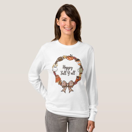 Happy Herfst Y'all Krans Vrouwen Lange Mouw T-shirt (Voorkant volledig)