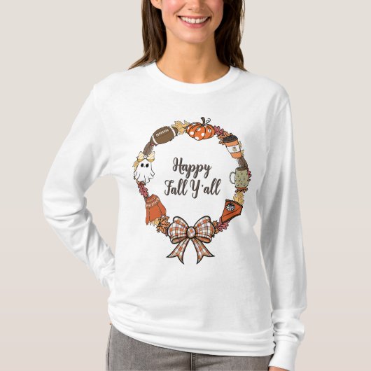 Happy Herfst Y'all Krans Vrouwen Lange Mouw T-shirt (Voorkant)