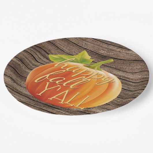 Happy Herfst Y'all Oranje pompoen op Planks Patter Papieren Bordje (Gekanteld)